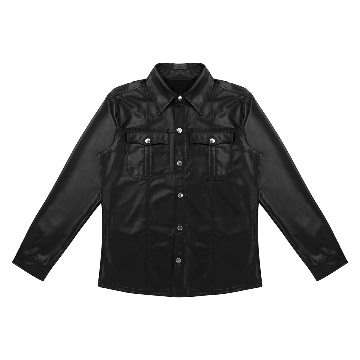 TiaoBug Черный Wetlook из лакированной кожи воротник с длинным рукавом на пуговицах тонкий ночной клуб вечерние рейв Одежда для танцев Мужская сексуальная рубашка