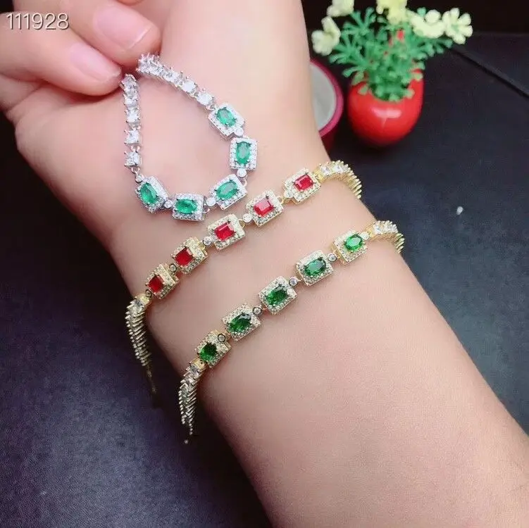 Женский браслет с натуральным изумрудом/Рубином/диопсидом MeiBaPJ из стерлингового