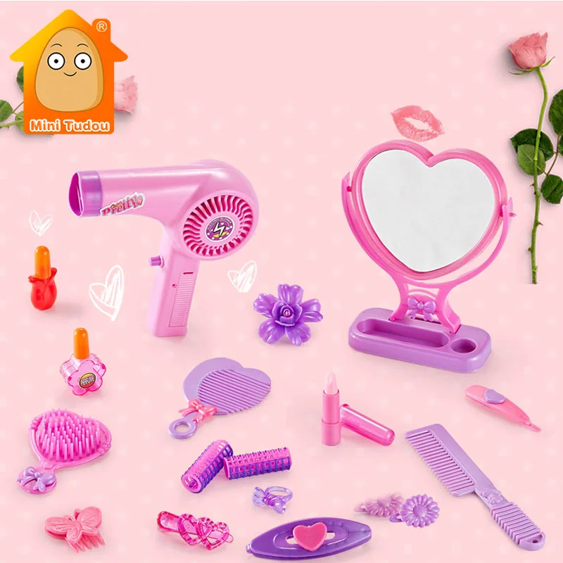Girls Pretend Play Beauty Toy Cartoon Hair Dryer Makeup Salon Tool Plastic Mirror Hairdressing Gift Set Toys For Children