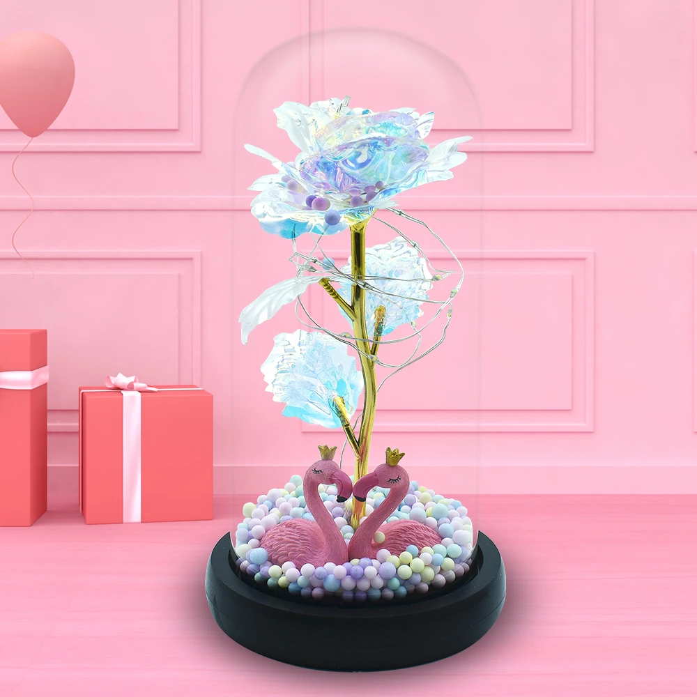 

Glass Cover Decoration Ornaments Artificial Flower Decoration Holiday Gift Color Gold Leaf Rose Flower with Lamp
