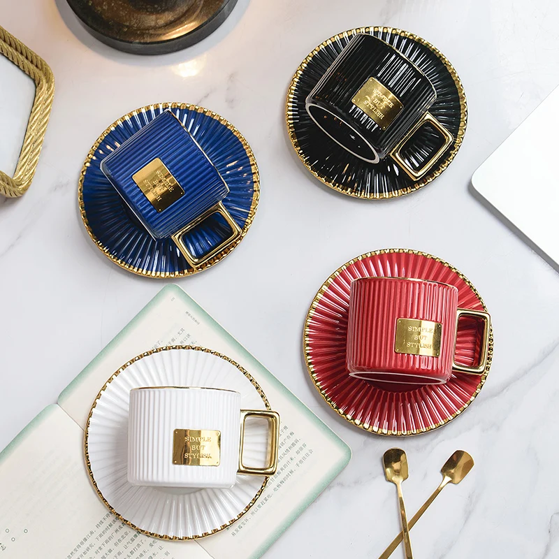 Ceramics Golden Handle Stripe Coffee Cup And Saucer Set With Spoon Breakfast Milk Juice Drink Mug Afternoon Tea Water Ware Gift | Дом и сад