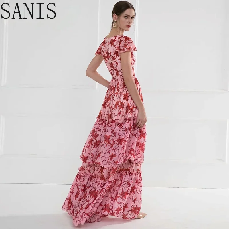 

Sanis High quality Sexy Maxi Dress Summer Women Short sleeve V collar Floral-Print Ruffles Holiday Party Elegant Maxi Dress