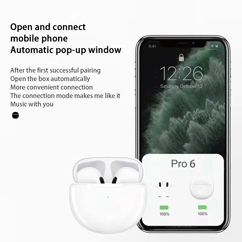 Pro 6 TWS Bluetooth Headphones Wireless Earphones Smart Touch Headset HIFI Stereo Sports Earbuds For iPhone 13 Xiaomi Smartphone |