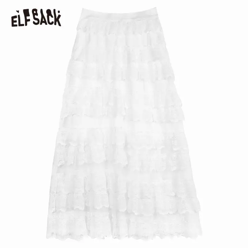 

ELFSACK White Solid Multi-Layer Casual Women Midi Skirt 2020 Summer ELF Contrast High Elastic Waist Korean Girly Daily Skirts
