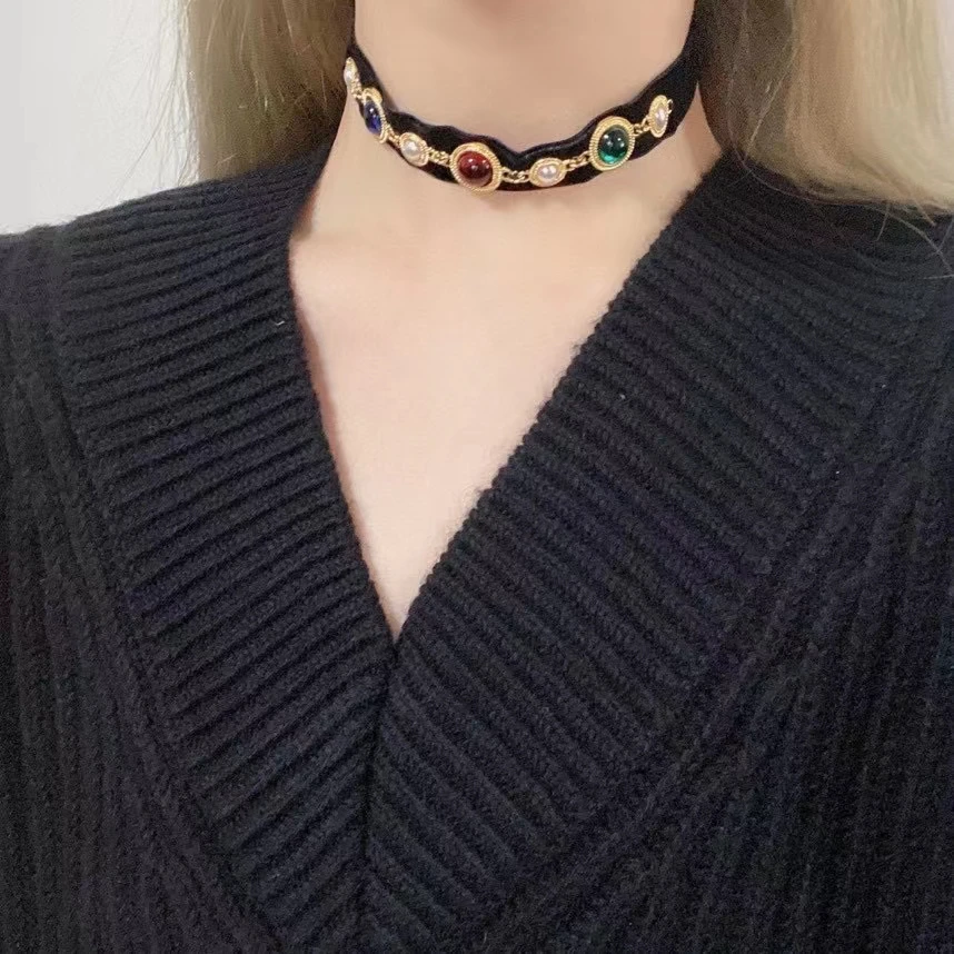 

European and American inlaid antique vintage fashion women jewelry adjustable necklace