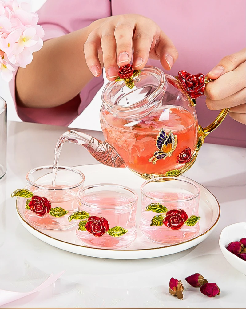 Красная роза эмаль Хрустальный чайный набор цветочный стеклянные чашки для