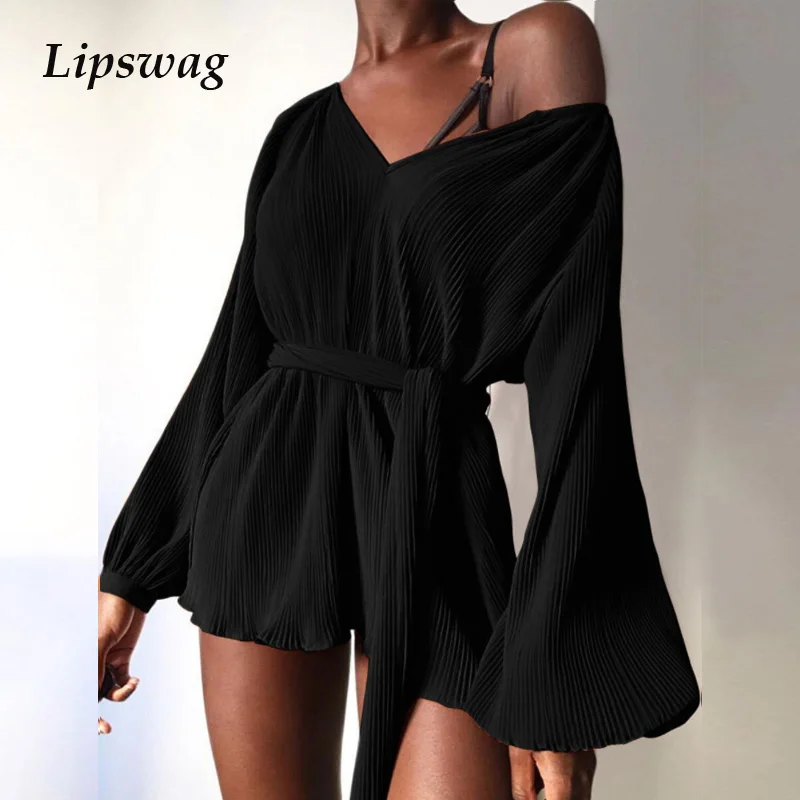 

Sexy Off Shoulder V-Neck Party Romper New Spring Fashion Bandage Belt Playsuit Bodysuit Women Solid Lantern Long Sleeve Jumpsuit