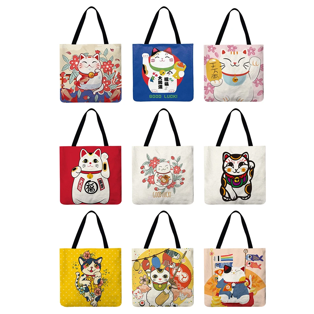 

Reusable Linen Shopping Handbags Casual Ladies Lucky Cat Printed Pattern Tote Square Large Capacity Storage Bags