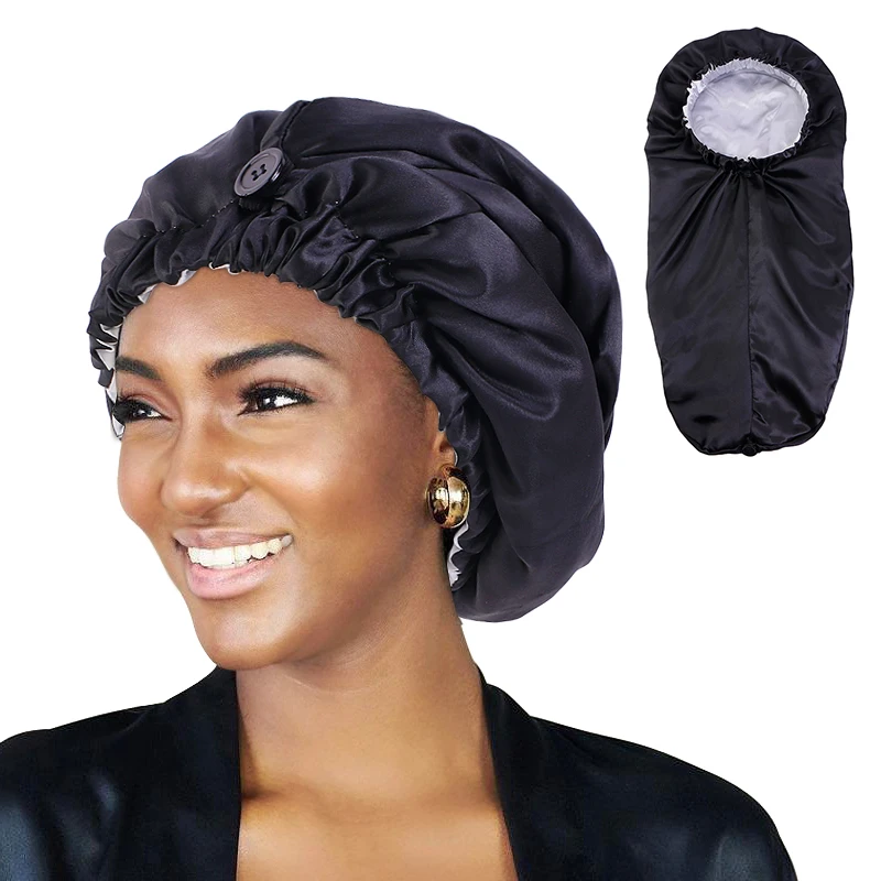 

Double Layer Satin Bonnet For Dreadlock Elastic With Button Soild Color Soft Long Headwear Women Night Sleep Cap For Long Hair