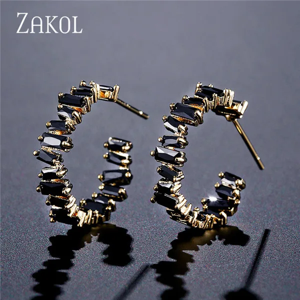 Black Color Модные женские серьги-обруч с камнем из кубического циркония ZAKOL AAA, модные свадебные аксессуары FSEP2174 - Окраска металла: Black Color