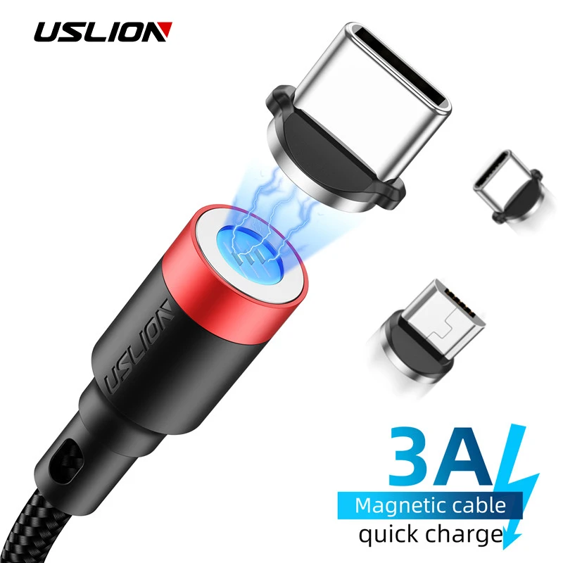 Магнитный кабель USLION LED Micro USB Type C для iPhone освещения 2 м 3 А провод быстрой зарядки