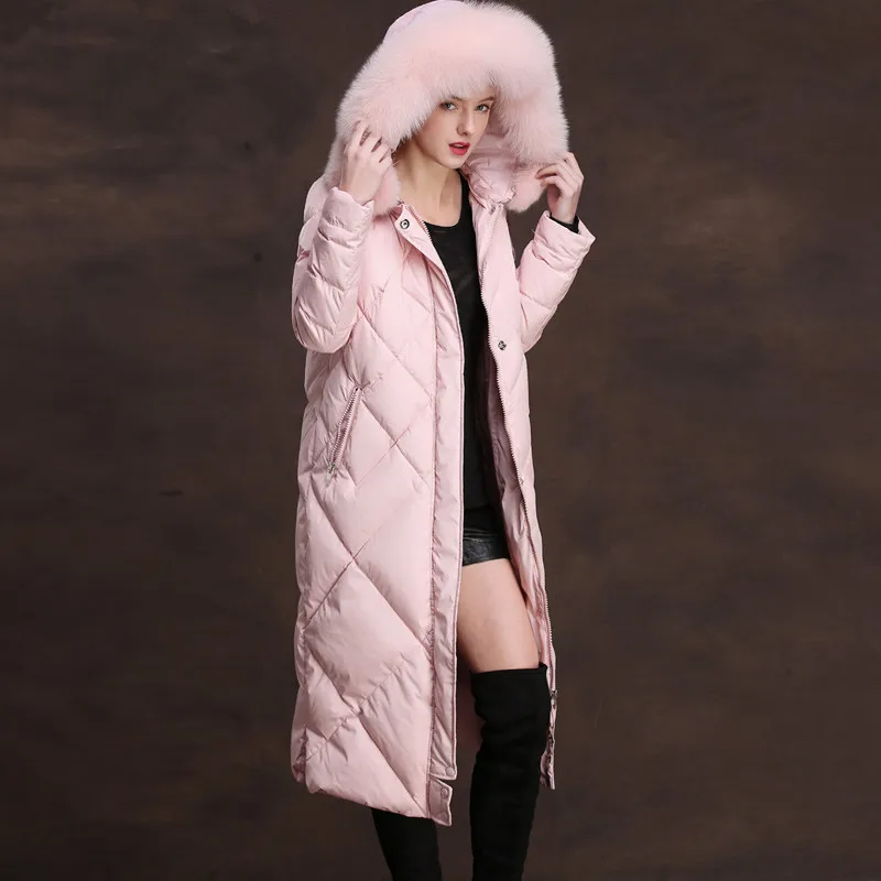 Пуховик с лисьим меховым воротником женская зимняя куртка капюшоном женское