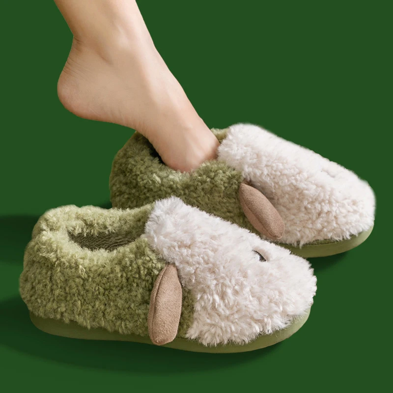 

Couples Home Slippers Warm Cute Woman Man Slipper Winter Shoes 2021 New Fashion Casual Sheep Cartoon Fur Plush Deer Slides