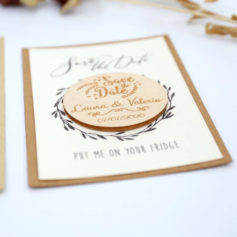 

Personalized custom wooden save date carved save date wooden slice magnet wreath save date magnet wedding save date