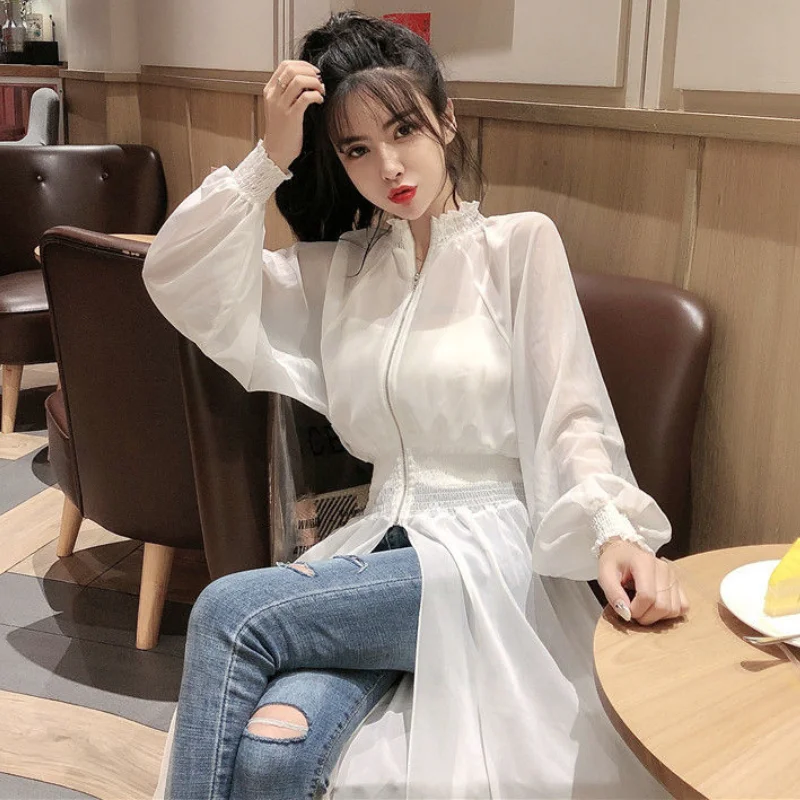 

Mesh Irregular Ruffled Blouses Spliced Pleated Gauze Chiffon Shirts Dress Sunscreen Cardigan Zipper Jacket Flare Sleeved Tops