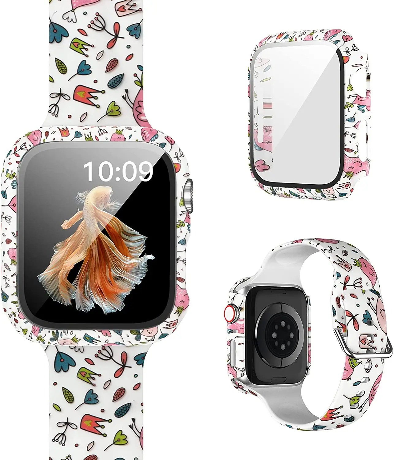Glass Case+Printed Pattern Strap For Apple Watch 8 Band 41mm 45mm Silicone Bracelet Correa For Apple Watch 44mm 40mm SE 7 6 5 4