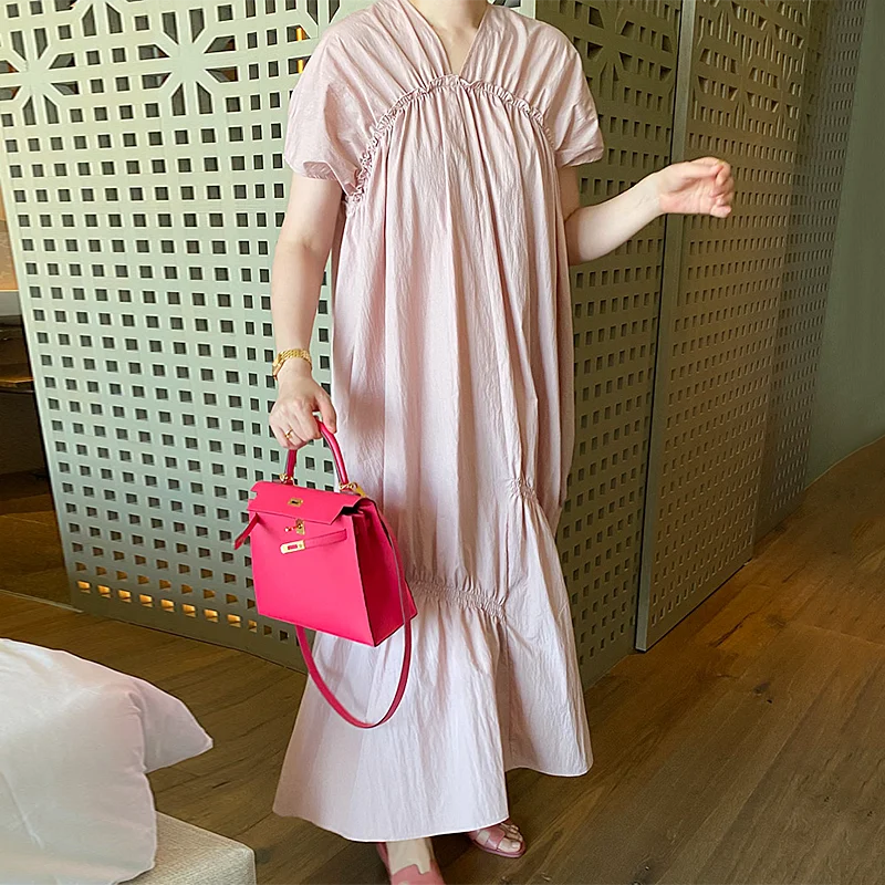 

Kimotimo Dress Women Korean Chic Temperament V-neck Fungus Irregular Folds Design Loose Short Sleeve Long Trumpet Dresses Femme