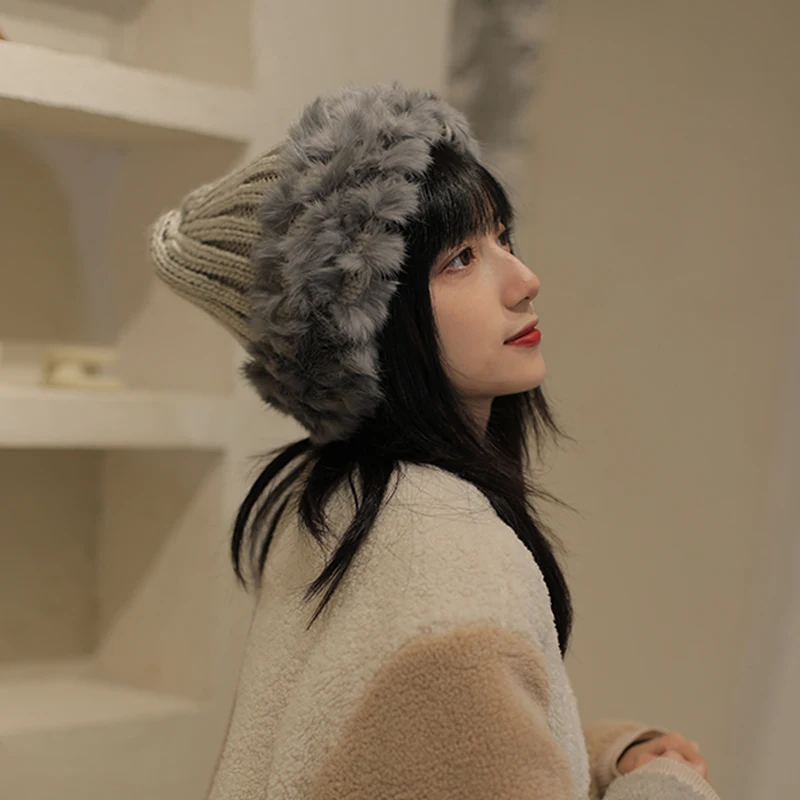 

Rabbit hair fur wool knitting hat warm ear protection hairy woolen hat winter big miss both visual sense winter hats for women