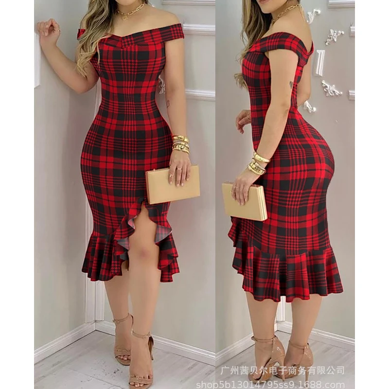 

Mandylandy Backless Dress Women V-neck Plaid Slim Ruffled Stitching Dress Summer High Waist Spaghetti Strap Slit Irregular Dress