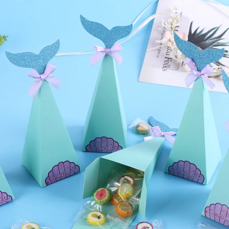 

10pcs Paper Blue Mermaid Gift Boxes for Baby Shower Wedding Party Supplies Pink Ribbon Bowknot Packaging Box Favors Candy Bags
