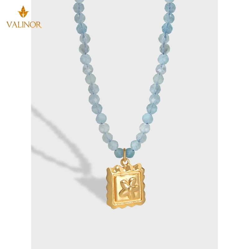 

Necklace simple temperament small flower gold nugget natural aquamarine necklace female clavicle chain 925 sterling silver