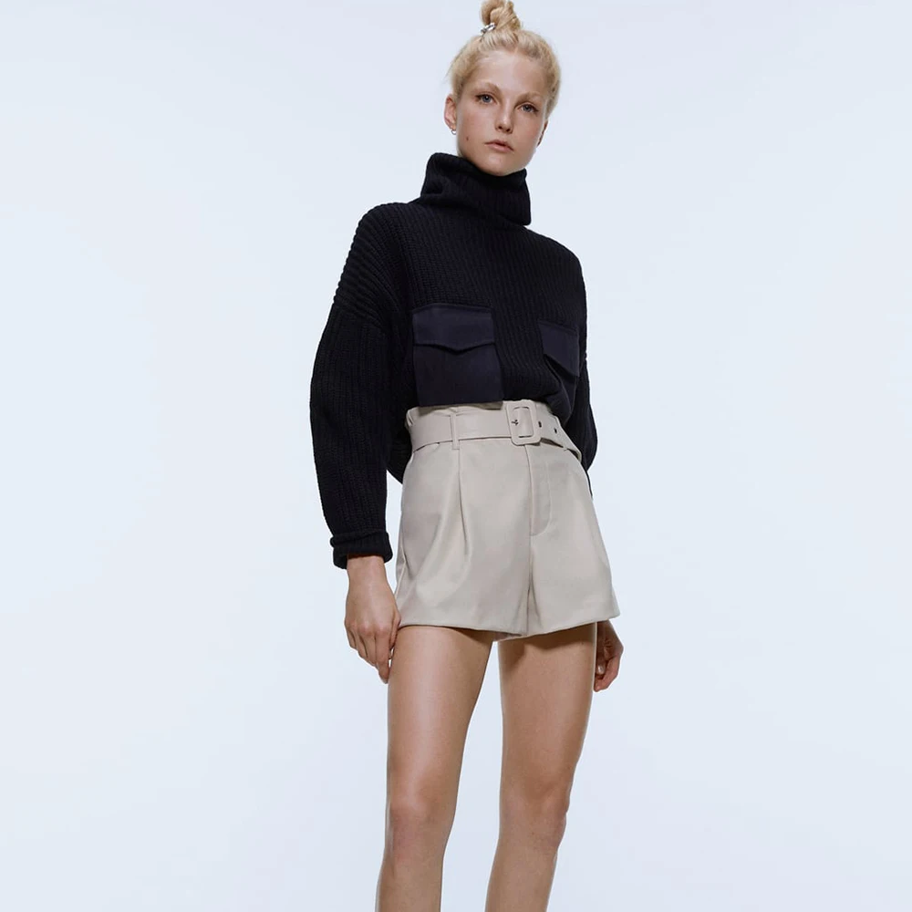 Женские кожаные шорты ZA черные и белые декоративные из искусственной кожи