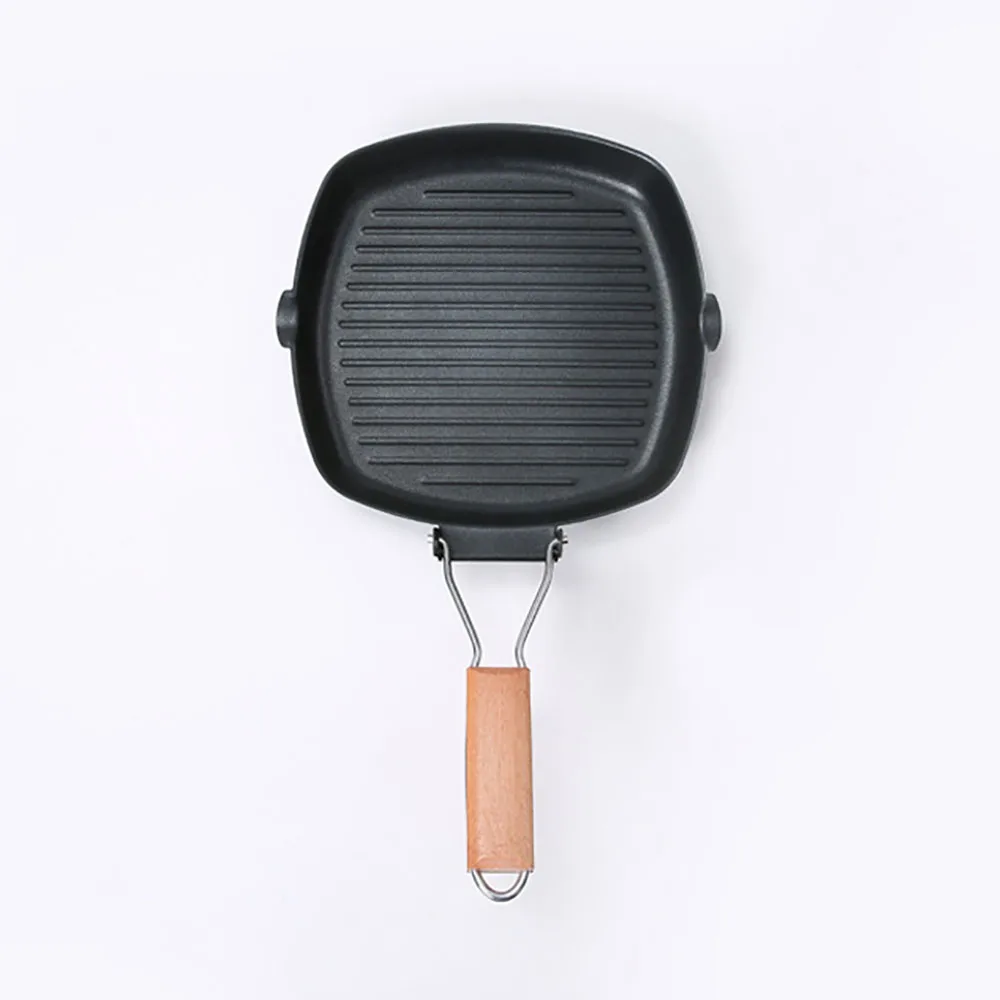 

Steak Frying Pan Eggs Ham Non-stick Cast Iron Wooden Handle Foldable Portable Square Grill Pan Non-stick Steak Frying Pan