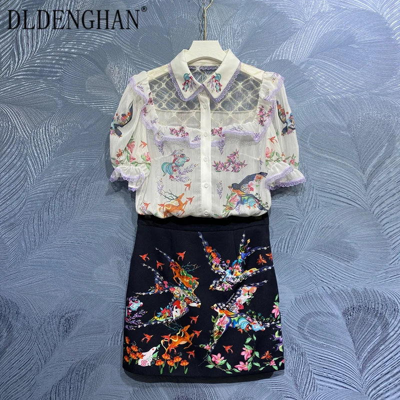 

DLDENGHAN Fashion Designer Summer Floral Print Suit Women's Lace Patchwork Turn-down Collar Tops + Beading Skirt Two Pieces Set