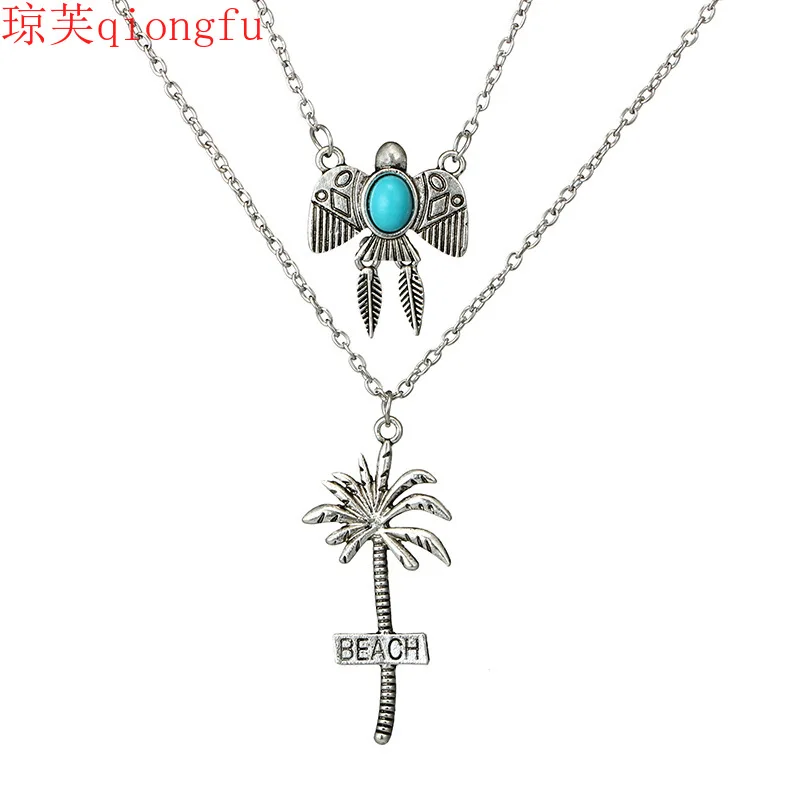

2021 Fashion Bohemian Summer Beach Wind Hawaiian Fruit Tree Micro-inlaid Turquoise Coconut Tree Multilayer Necklace Necklace