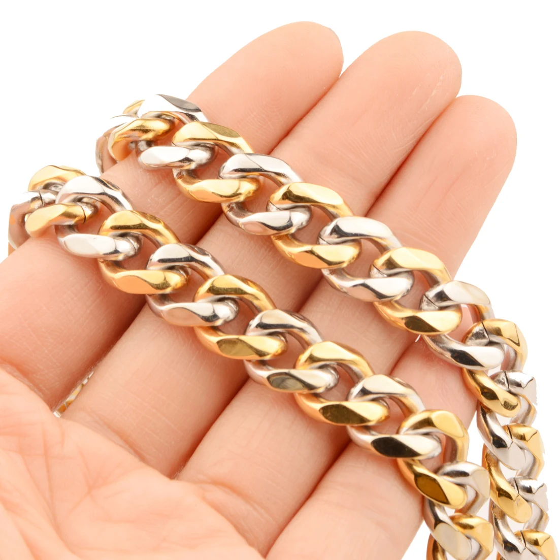 10/12/15/17/19mm Wide Cool Biker Men Stainless Steel Polishing Gold Curb Cuban Link Chain Bracelet or Necklace 7-32inch | Украшения и