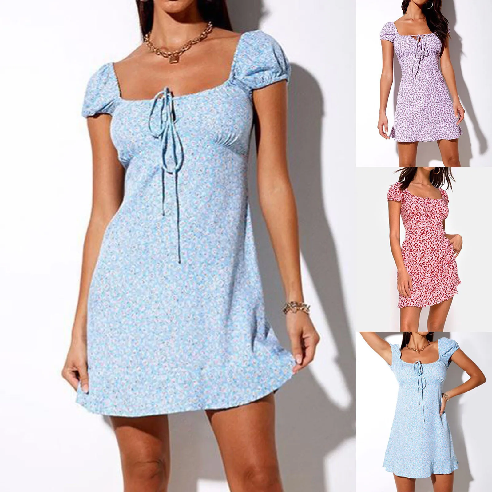 

Women Square Collar Floral Ruffle Skirt Summer Sexy Slim Body Short Sleeve Beach Party Dress Fashion Elegant Female Mini Vestido
