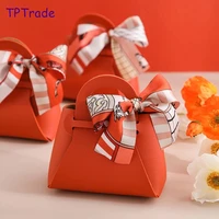 30pcs Creative Leather Gift Box Small Handbag Shape Ribbon Bow Temperament Solid Color Candy Box Hand Gift Bag Wedding Supplies