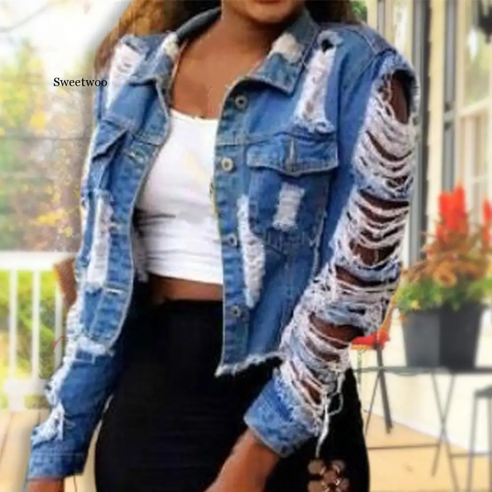 

Coat female jacket women's denim jacket windbreaker Casual Hole Long Sleeve Pocket Button Denim Outcoat