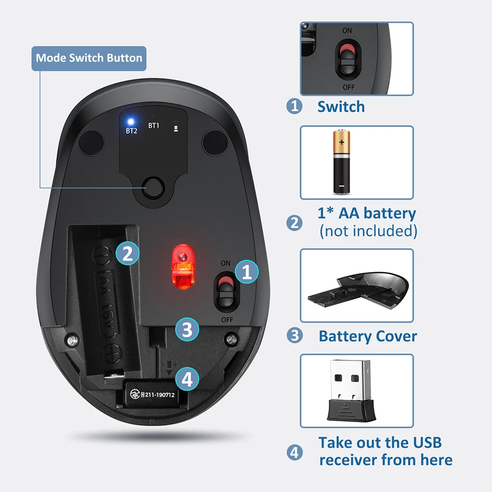 VicTsing PC254 беспроводная мышь 2400 dpi регулируемая портативная Bluetooth мышь 2,4 Ghz USB оптическая беспроводная мышь для ПК планшета ноутбука