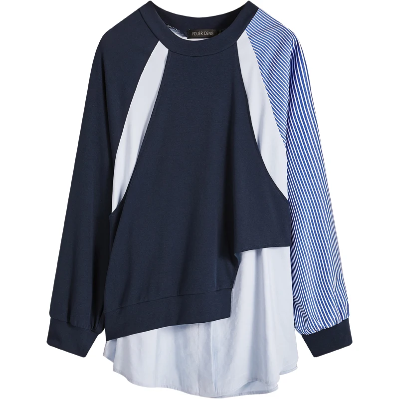 

LANMREM 2021 Spring Sweatshirt Asymmetric Design Fake Two-piece Striped Mid-length Pullover Long-sleeved O-neck Tops 2A277