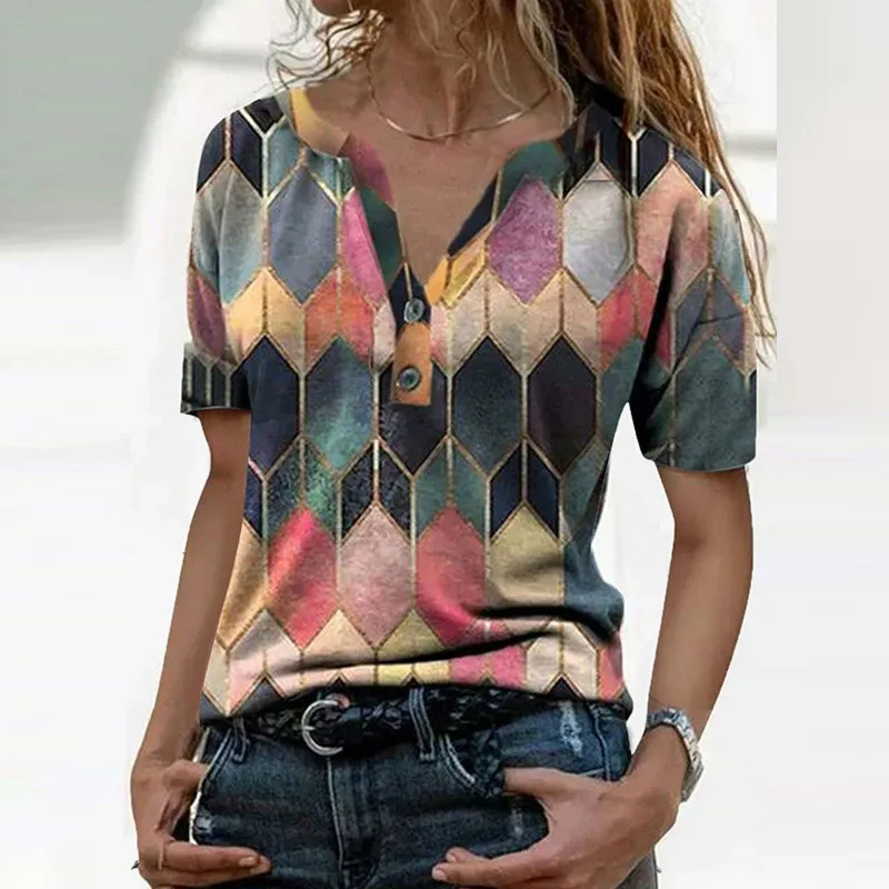 

Short Sleeve Women T-Shirt Summer Tops Female t Shirt V-Neck Office Patchwork Woman Clothing Casual Soft Cozy Button Ladies Tops