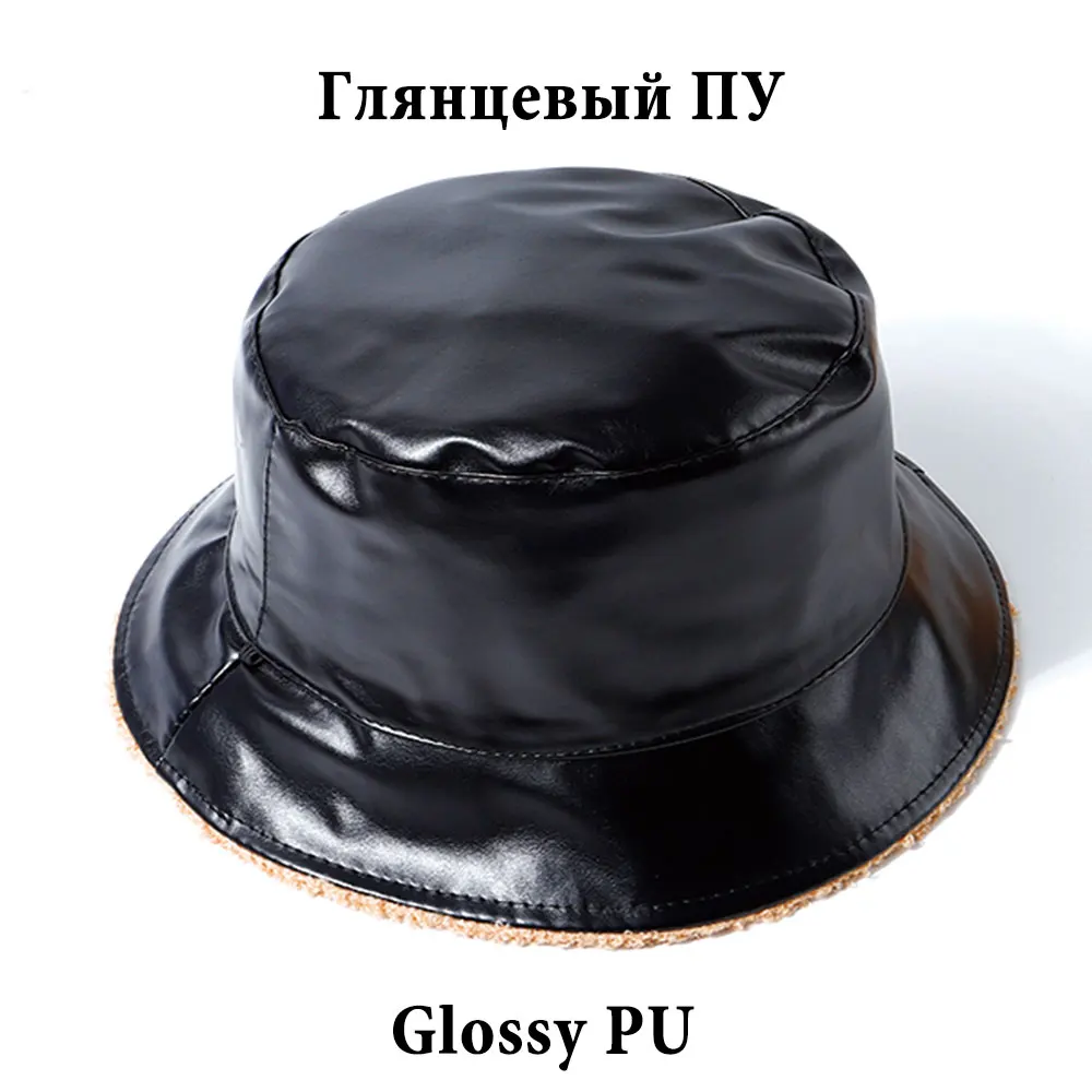 

Winter Hat Lamb Velvet Double-sided Bucket Hat Embroidered Letter Fisherman Hat Black PU Bob Panama Outdoor Leisure Fishing Hat