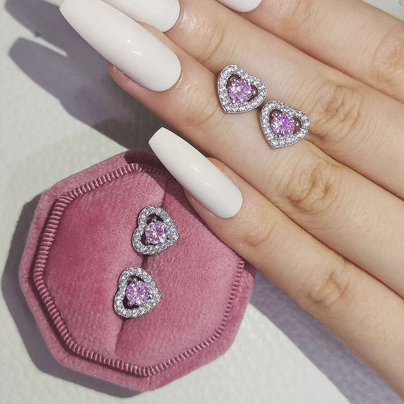 

2pcs Pack 925 Sterling Silver jewelry set heart shape Stud earring Necklace pendant promise fashion Christmas gift J1472-pink