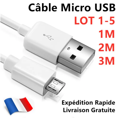 

Cble Chargeur Micro Usb Pour For Samsung A10 A3/a5/a7 S6 S7 J4/j5/j6 Blanc 1m/2m
