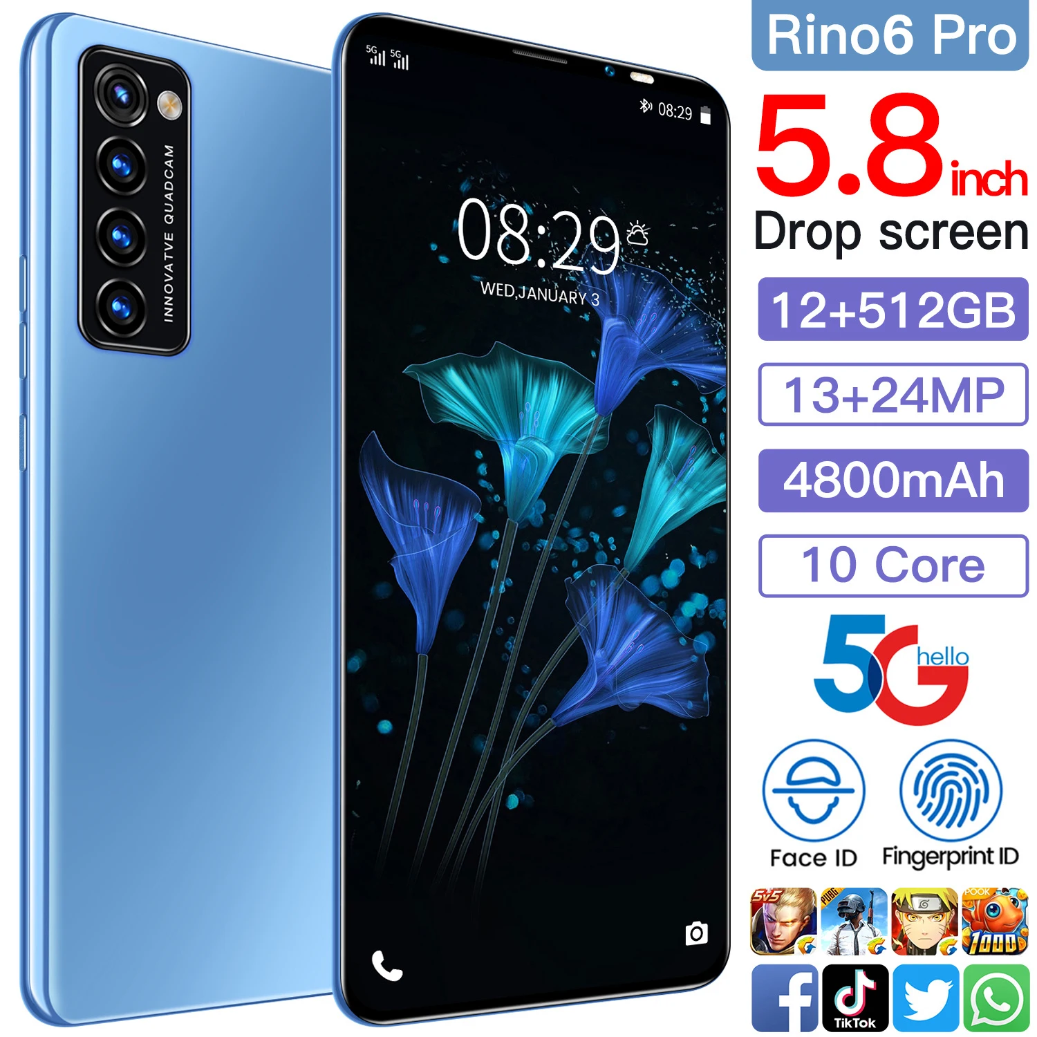 

Global Version Rino6 pro Smartphones 5.8Inch 12+512GB 4800mAh Mobile Phones 13MP +24MP HD Camera Android10 Dual SIM Cellphones