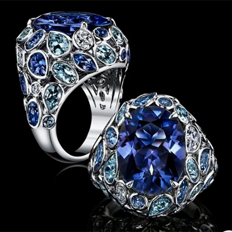 

Vintage Female Blue Crystal Big Ring Charm Silver Color Wedding Rings For Women Luxury Bride Geometry Zircon Engagement Ring