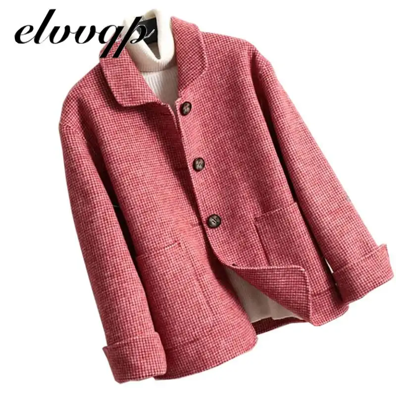 

Женское Короткое шерстяное пальто в клетку, однобортное зимнее пальто из чистой шерсти с отложным воротником, 2020