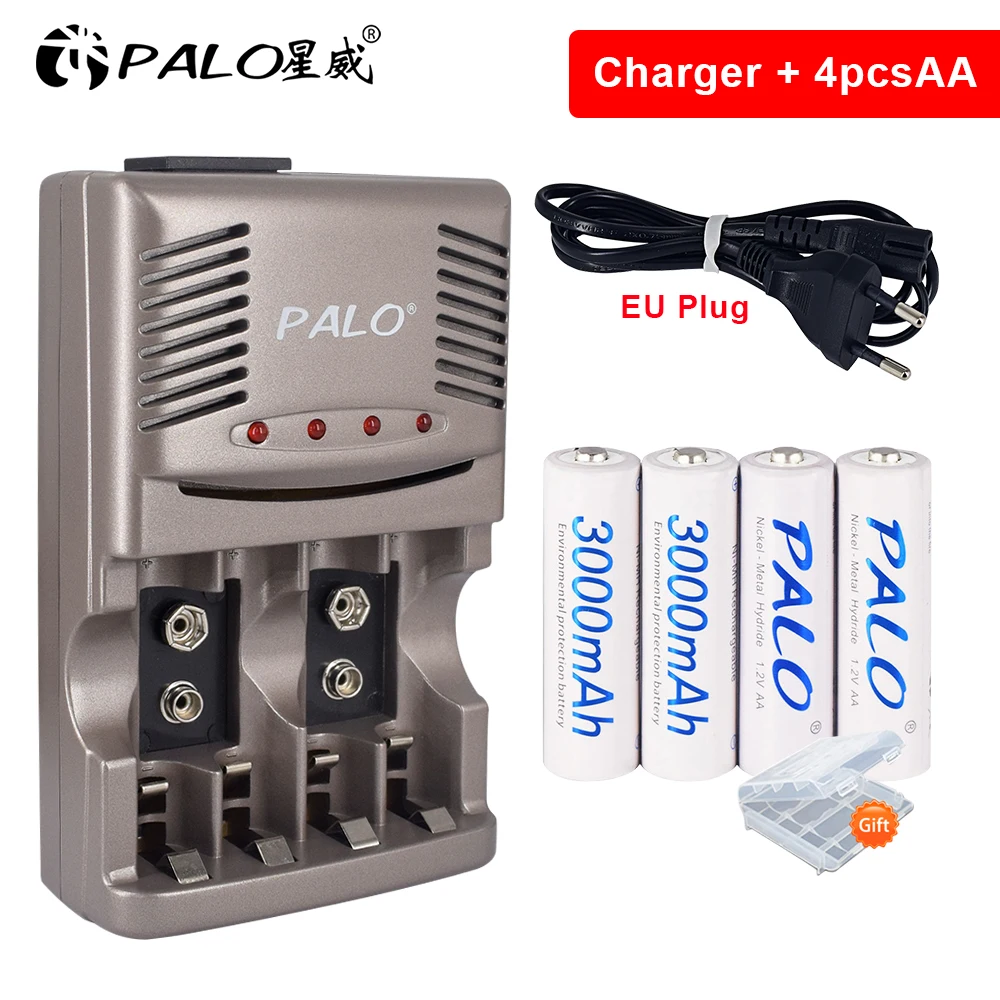 

PALO AA AAA Rechargeable Battery 1.2V Ni-MH AA AAA Battery with LED Smart Charger for 1.2v Ni-MH AA AAA Battery 9v Battery