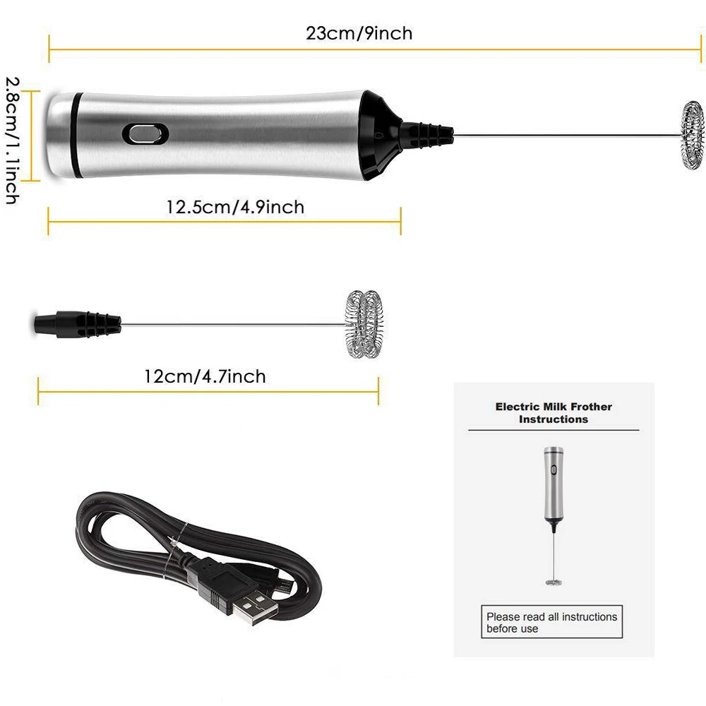 

USB Multifunction Stainless Steel 2 Speeds Chargeable 2 Spring Whisk Head Electric Milk Frother Egg beater Milk Foamer Mixer