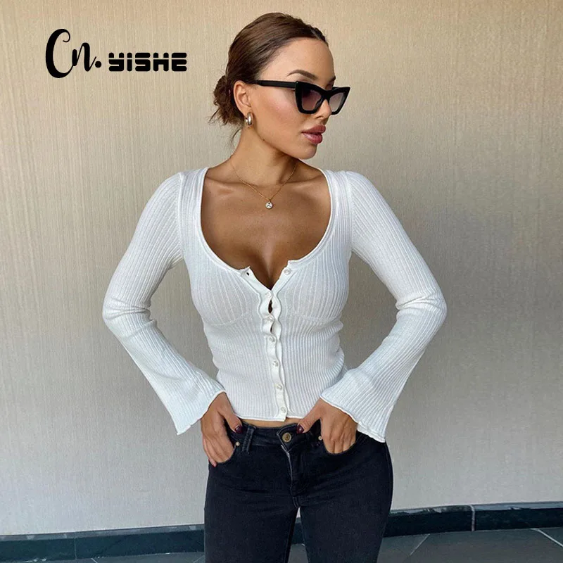 

Футболка CNYISHE Женская трикотажная в рубчик, Топ с длинным рукавом, пикантная рубашка на пуговицах, черная белая, на осень