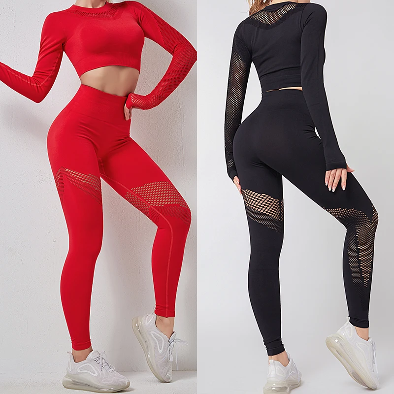 

Women Seamless Yoga Set Gym Clothing Fitness Leggings Cropped Shirts Sport Suit Women Long Sleeve Tracksuit Active Wear