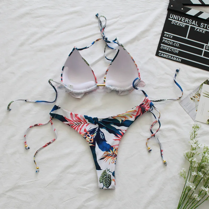 

Sexy Bikini 2021 Floral Print Push Up Ruffle Swimsuit Women Low Waist Halter Lace Up Swimwear Female Beach Bathing Suit Monokini