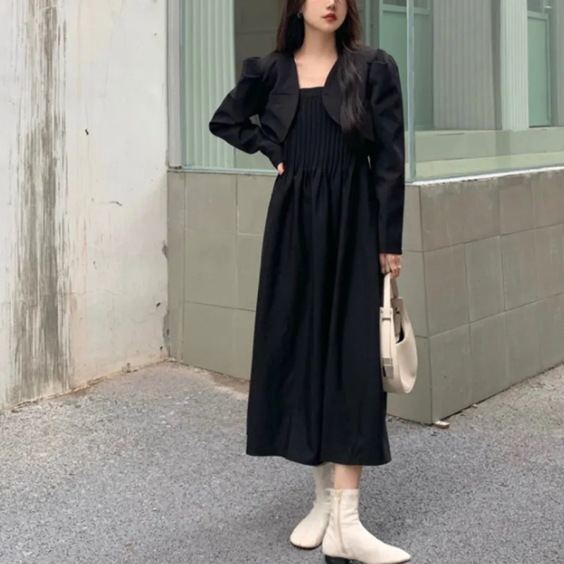 

Short Small Suit Jacket Autumn Fashion Suit Pleated Suspender Dress Aging Two-piece Set Female