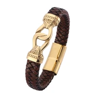 punk jewelry men brown braided leather bracelet gold color stainless steel magnet buckle bracelets charm leather bangles pd0751