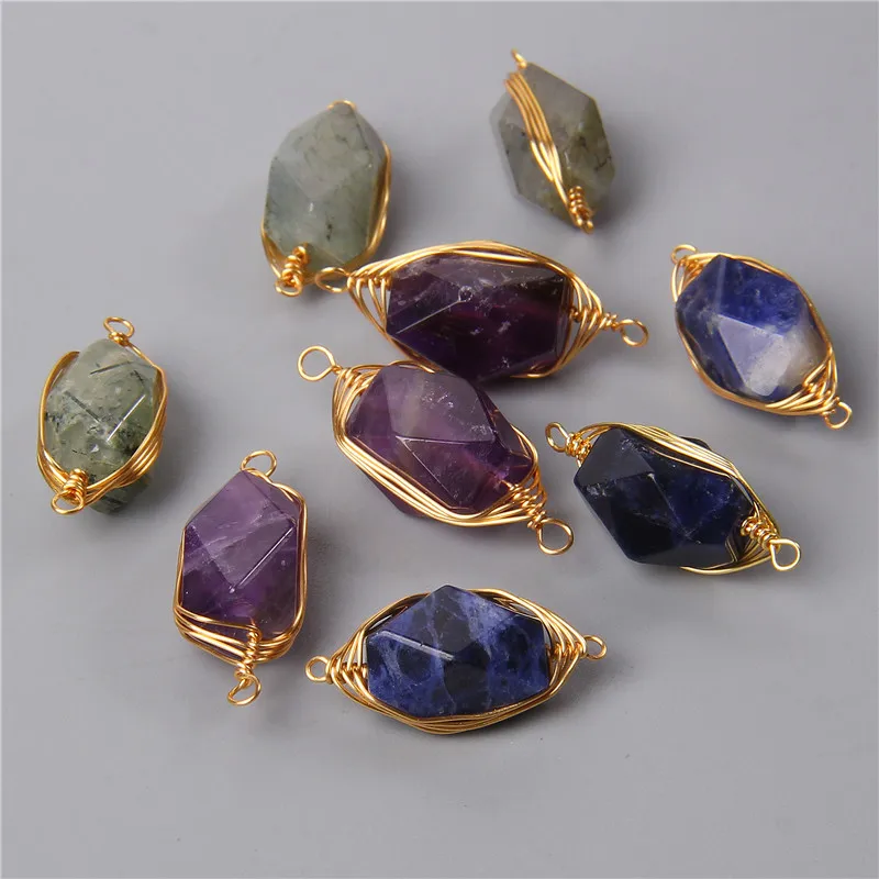 

2Pcs Natural Faceted Metal Wire Wound Winding Stone Connector Pendant Charm For Jewelry Making Bracelet Necklace Wholesale Gifts